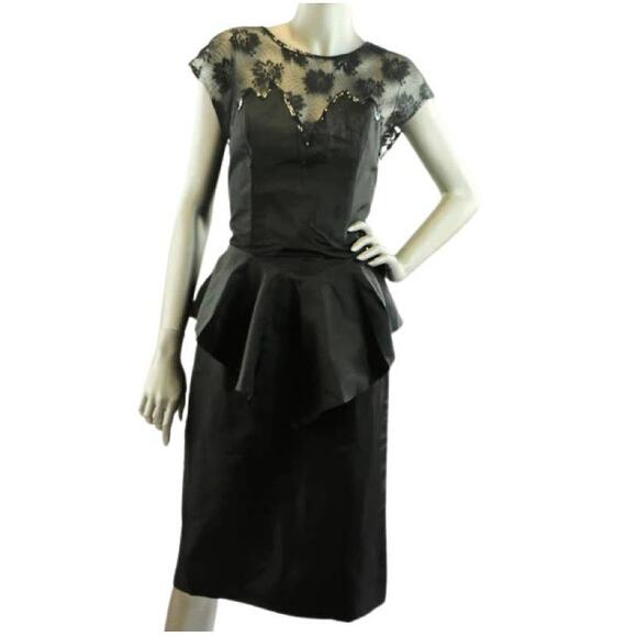 Vintage 1980s Orleon de Paris Black Dress with Floral Lace and Sequins Medium - Picture 1 of 6